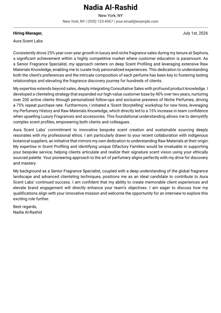 Fragrance Specialist cover letter example