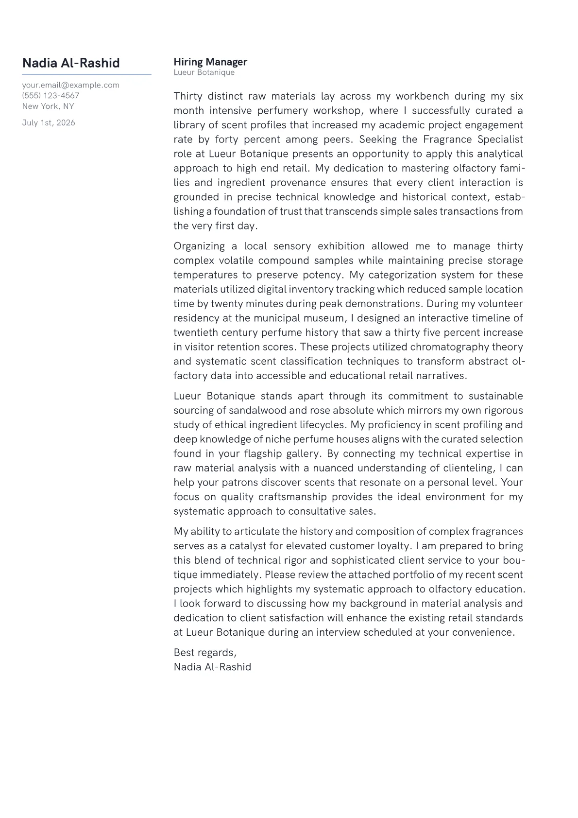 Fragrance Specialist cover letter in the Margin design
