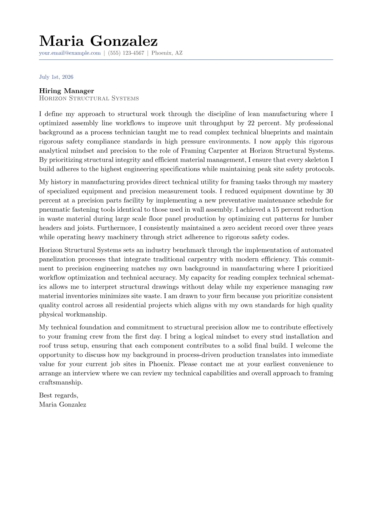 Framing Carpenter cover letter in the Classic design