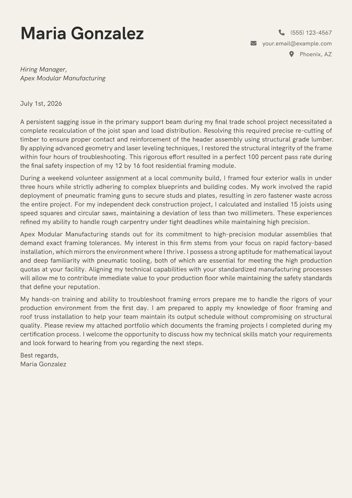 Framing Carpenter cover letter in the Creative design