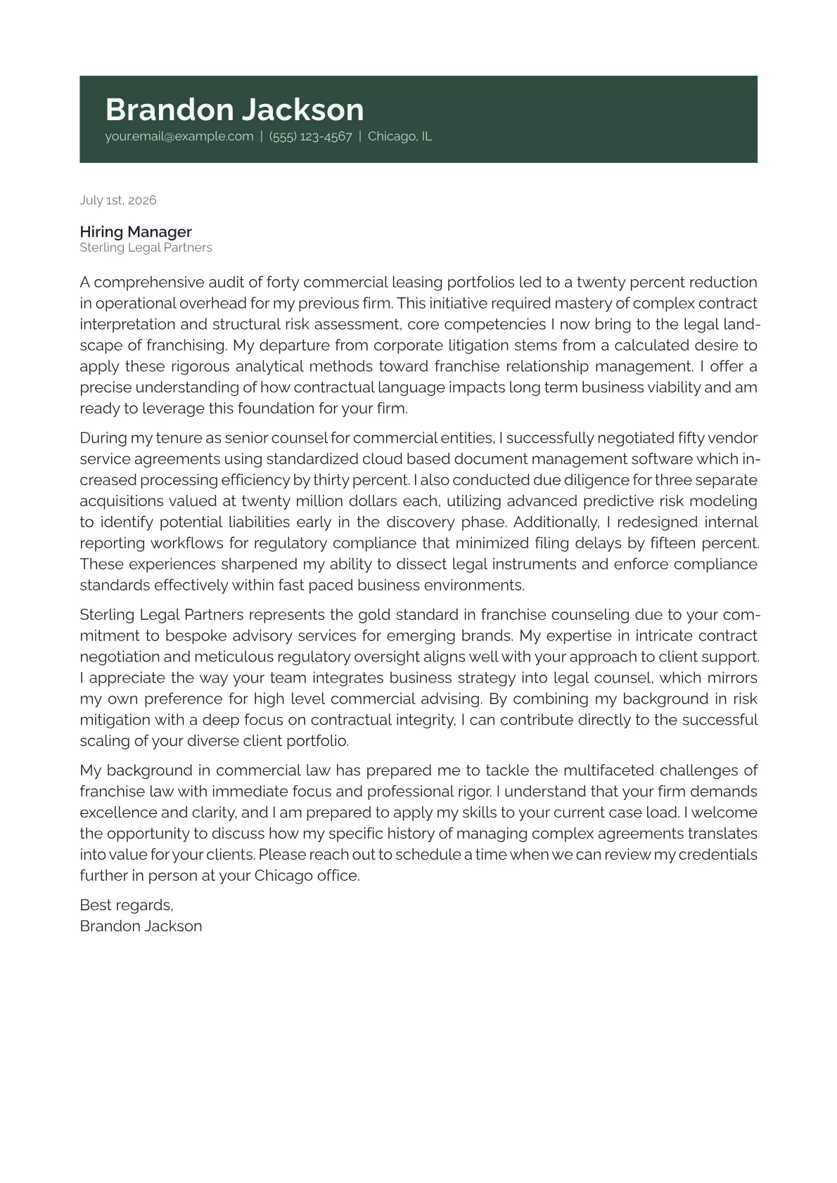 Franchise Attorney cover letter in the Banner design