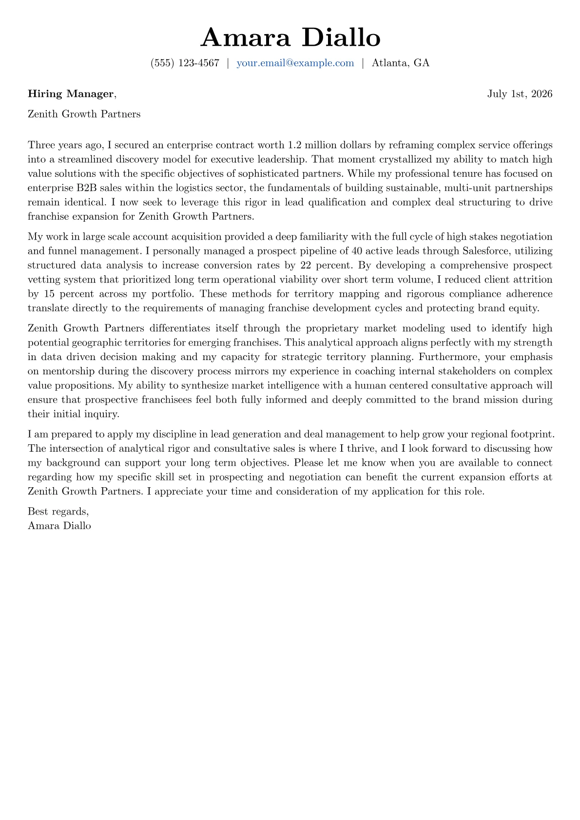 Franchise Development Manager cover letter in the Basic design