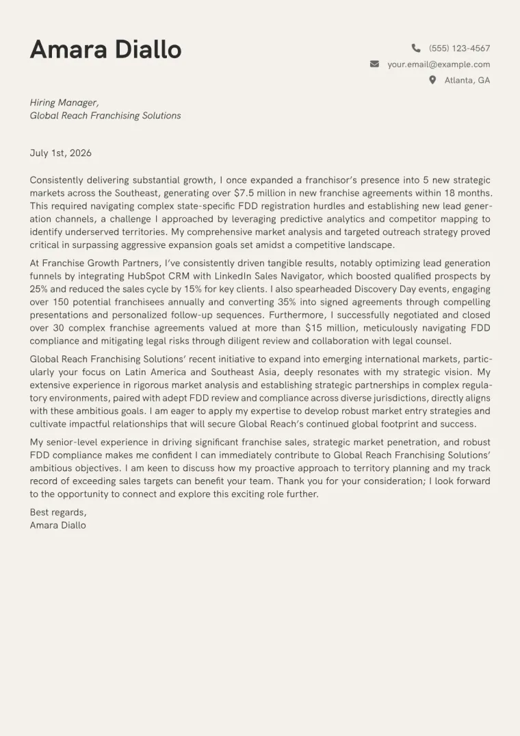 Franchise Development Manager cover letter example preview