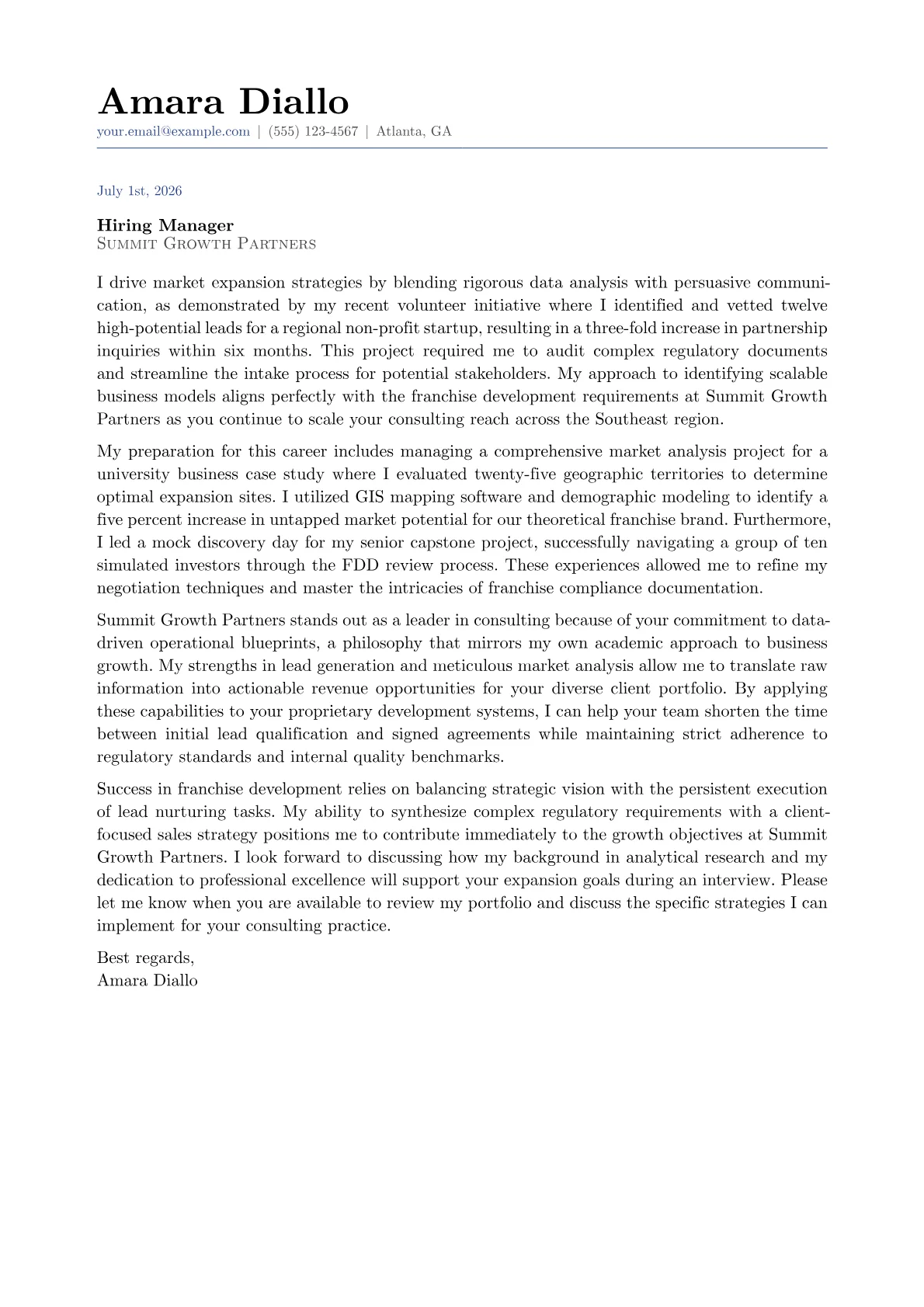 Franchise Development Manager cover letter in the Classic design