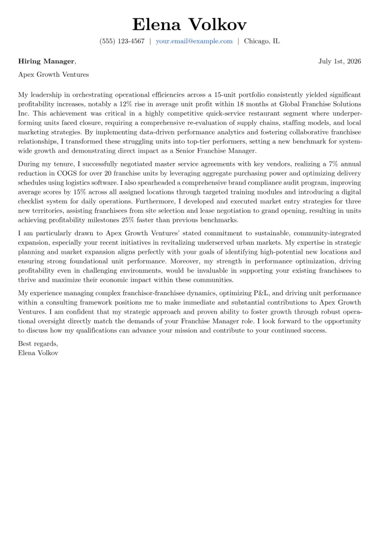 Franchise Manager cover letter example preview
