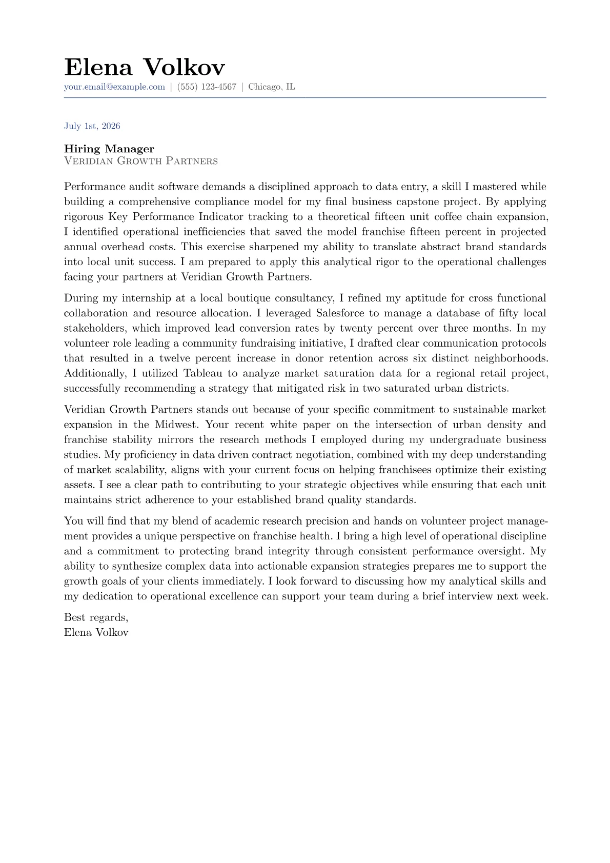 Franchise Manager cover letter in the Classic design