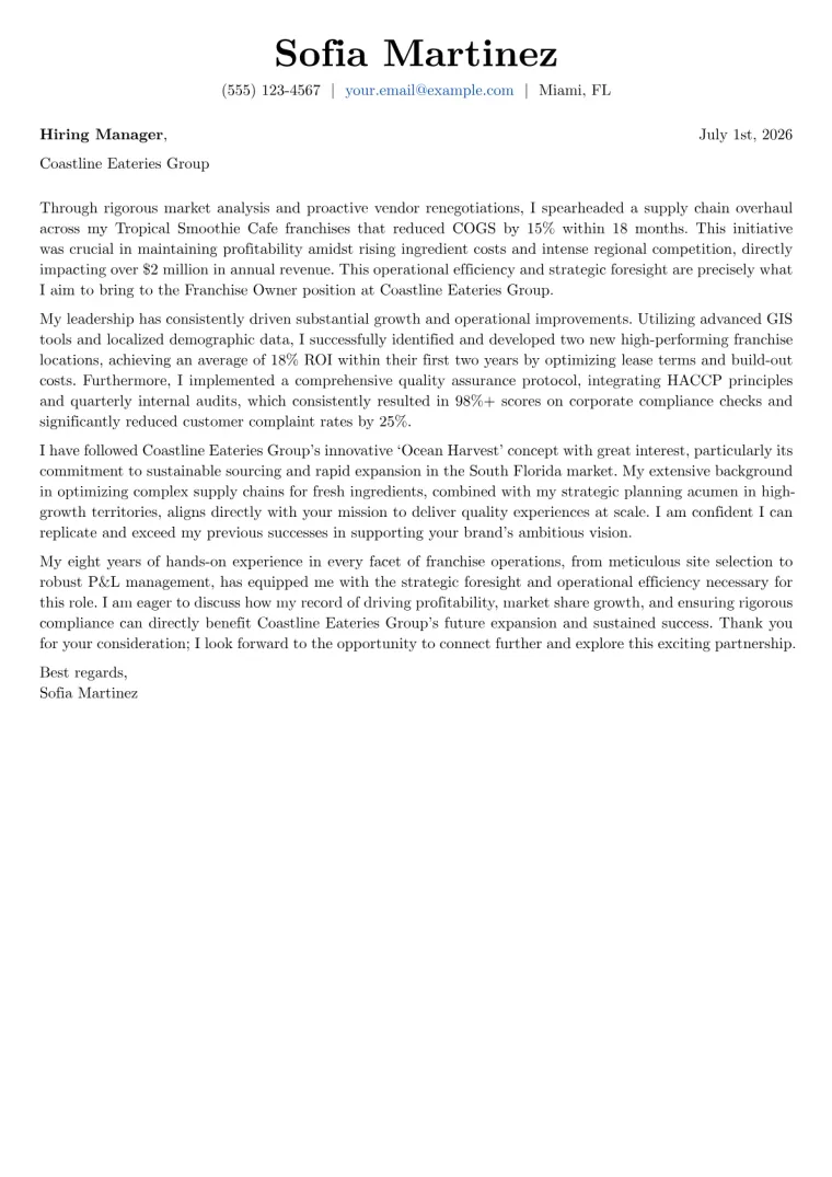 Franchise Owner cover letter example
