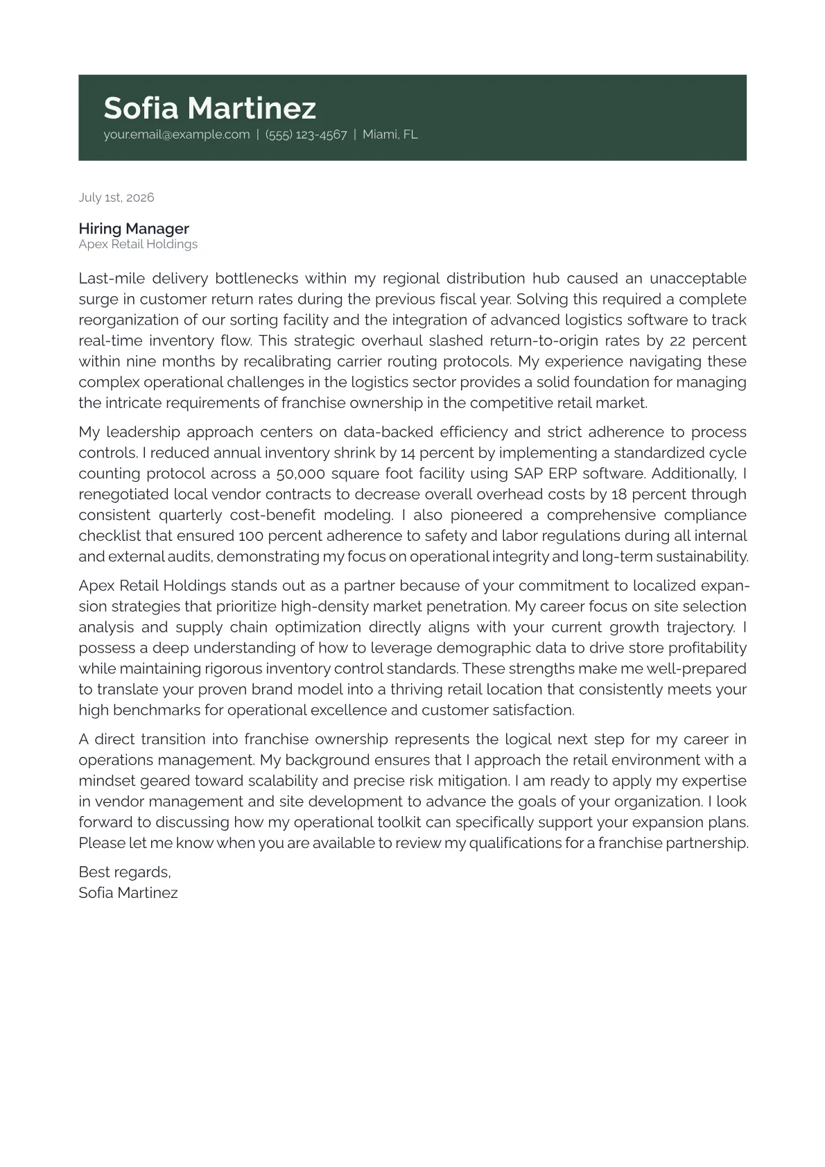 Franchise Owner cover letter in the Banner design