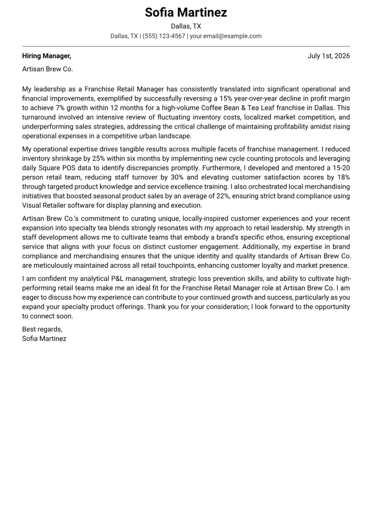 Franchise Retail Manager cover letter example preview