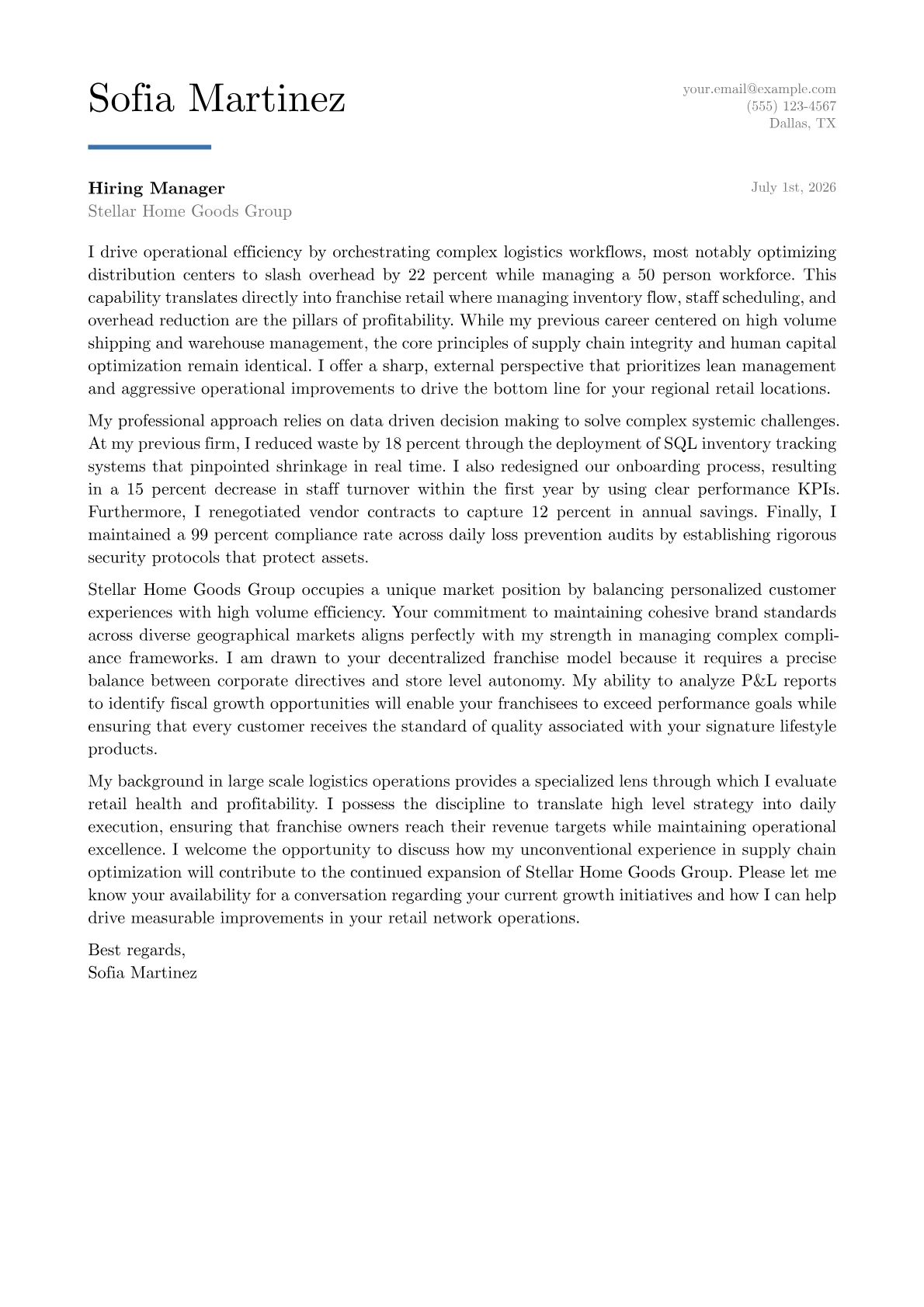 Franchise Retail Manager cover letter in the Executive design