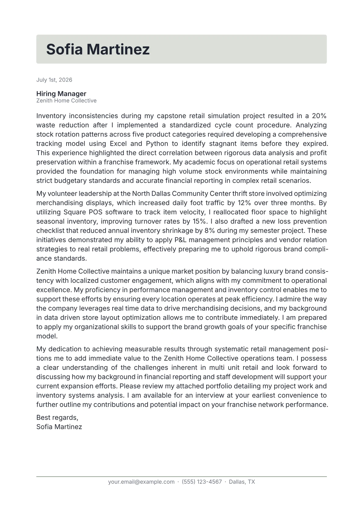 Franchise Retail Manager cover letter in the Letterhead design