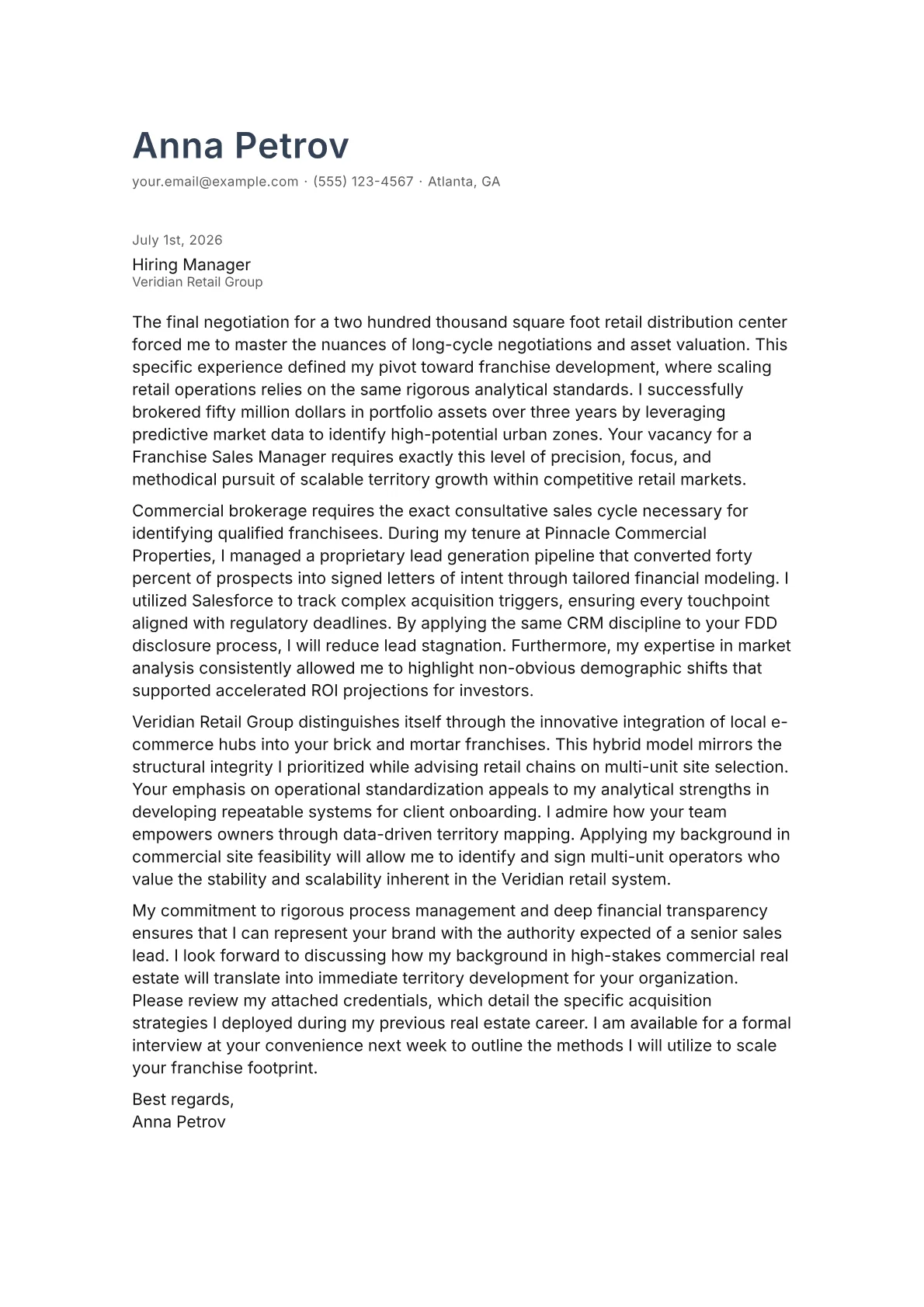 Franchise Sales Manager cover letter in the Minimal design