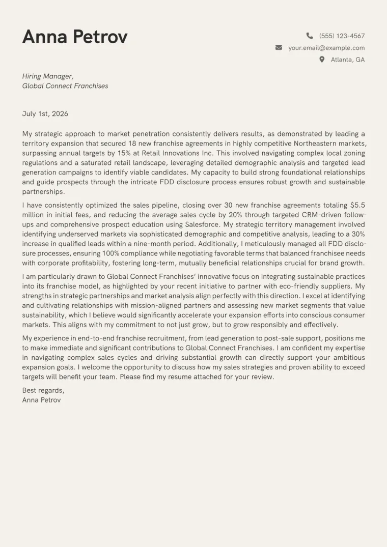 Franchise Sales Manager cover letter example preview