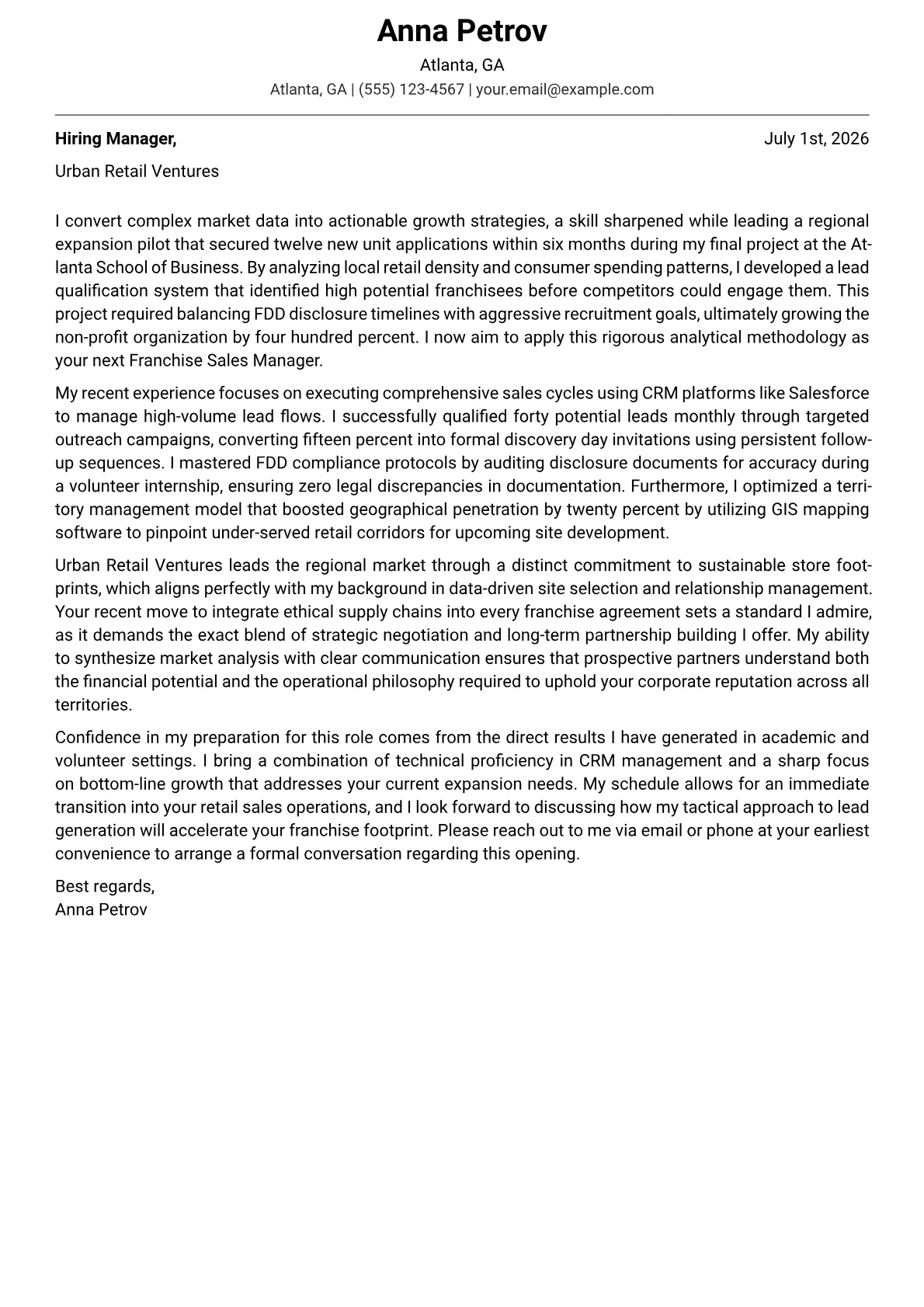 Franchise Sales Manager cover letter in the Modern design