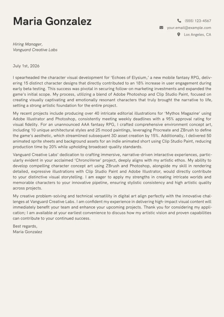 Freelance Artist cover letter example preview