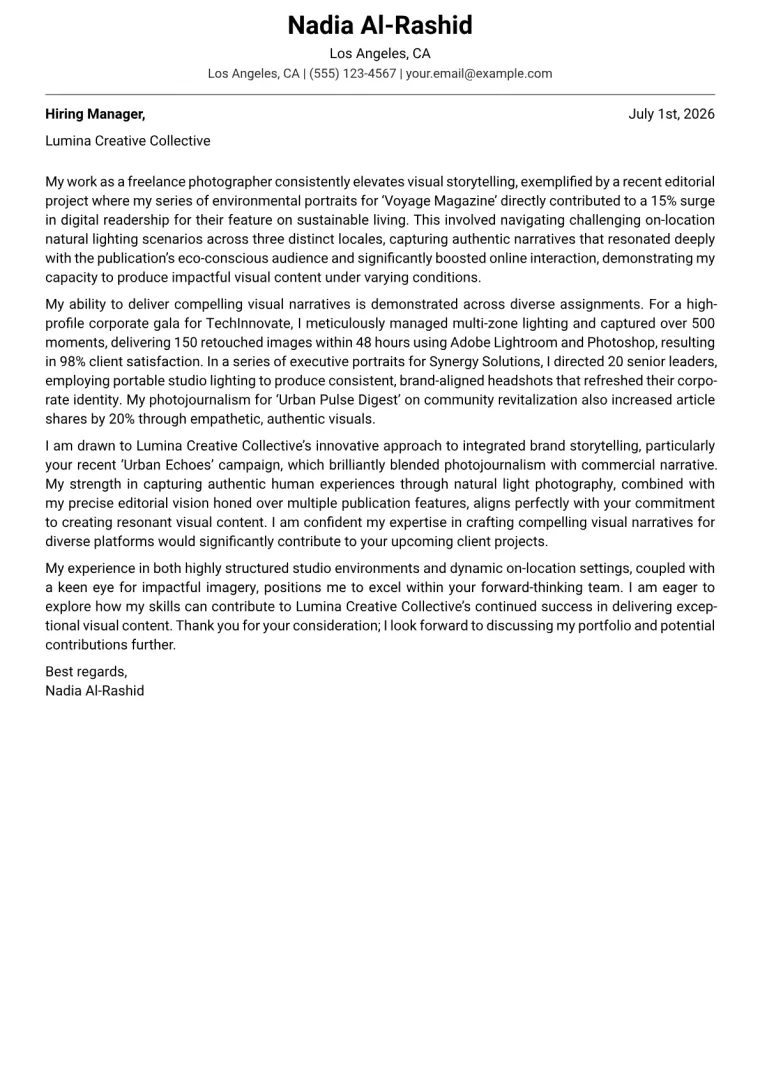 Freelance Photographer Cover Letter Example