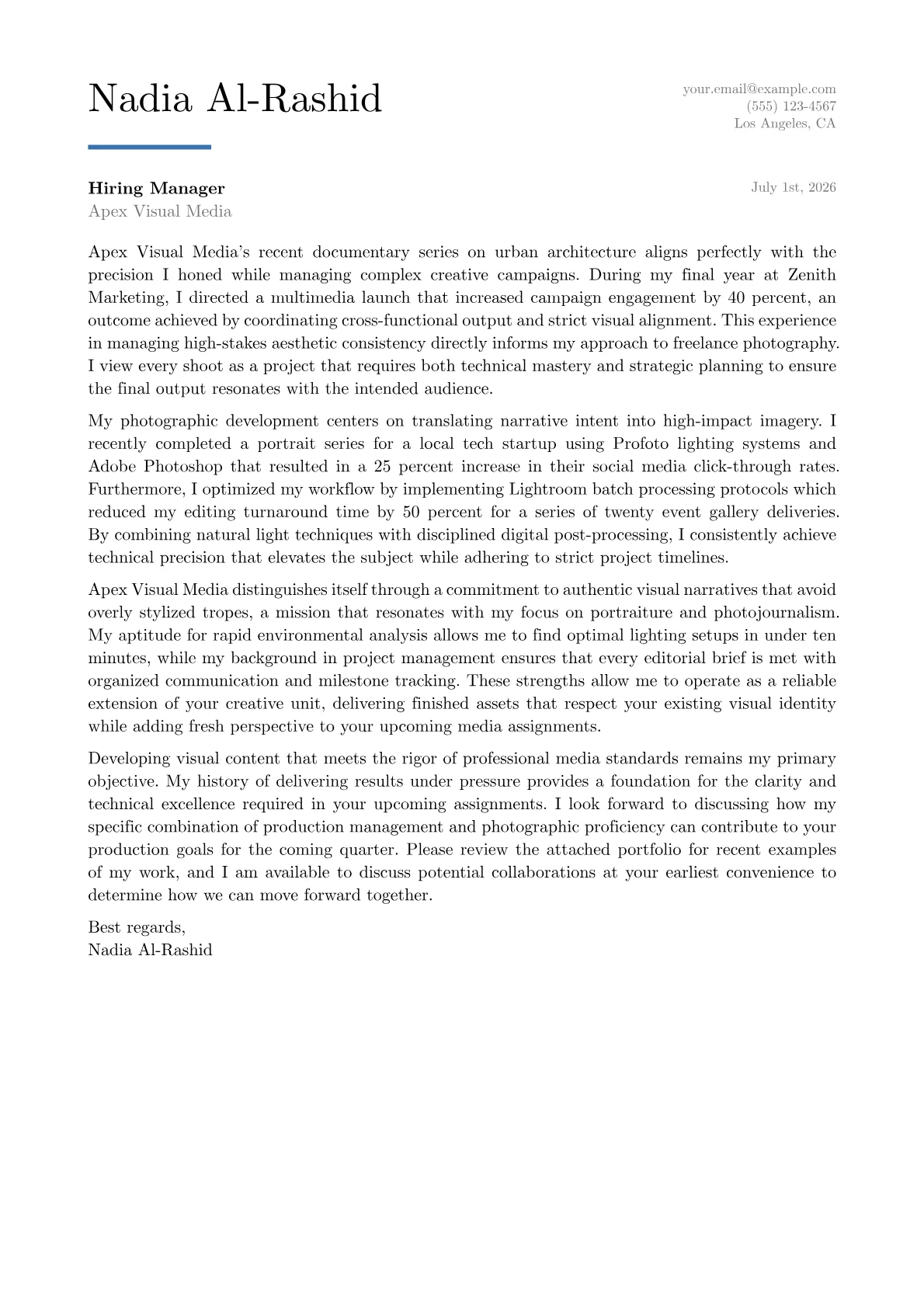 Freelance Photographer cover letter in the Executive design