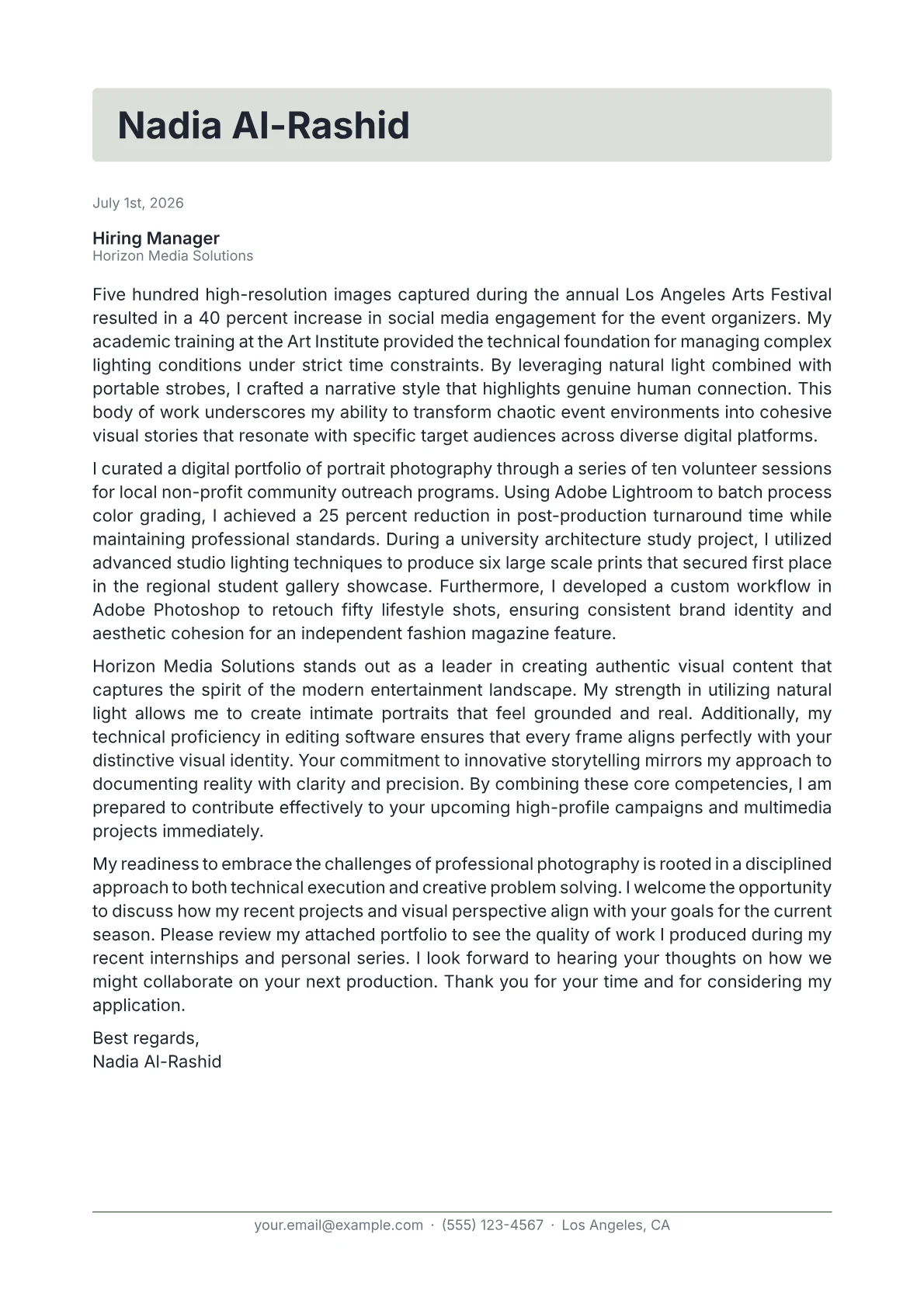 Freelance Photographer cover letter in the Letterhead design