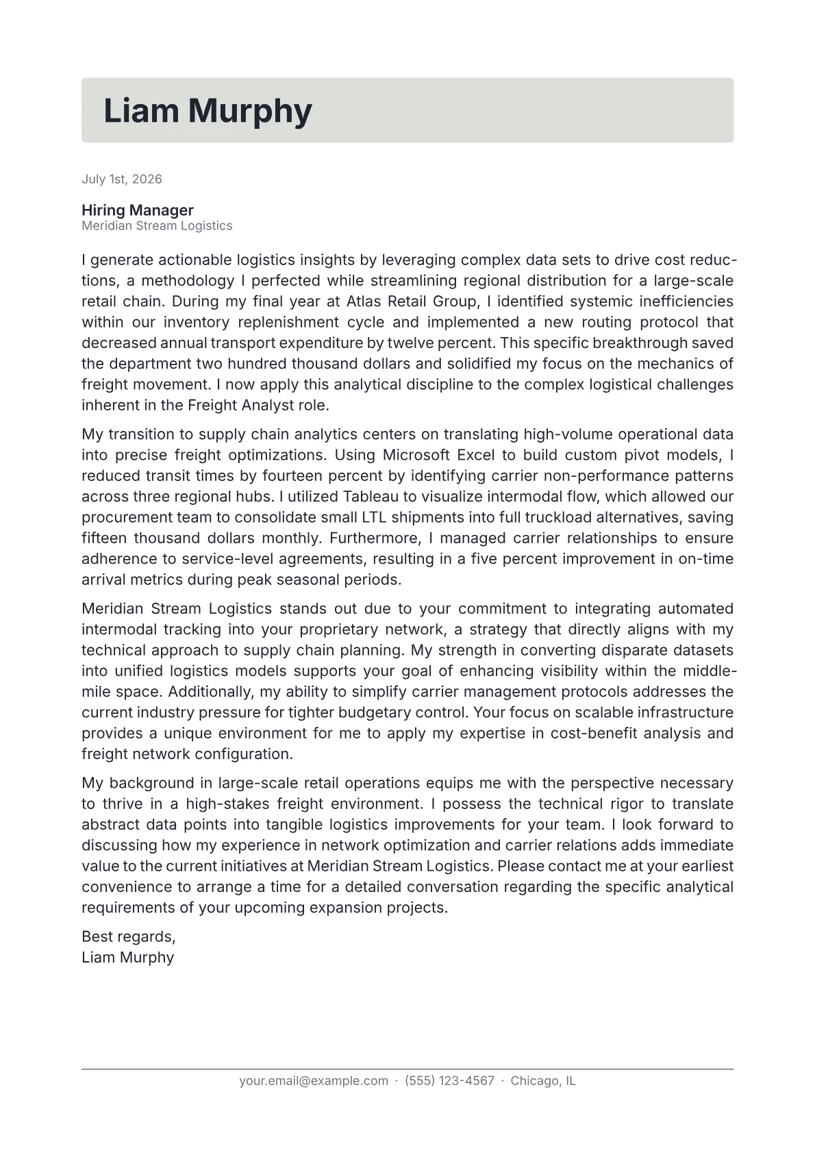 Freight Analyst cover letter in the Letterhead design