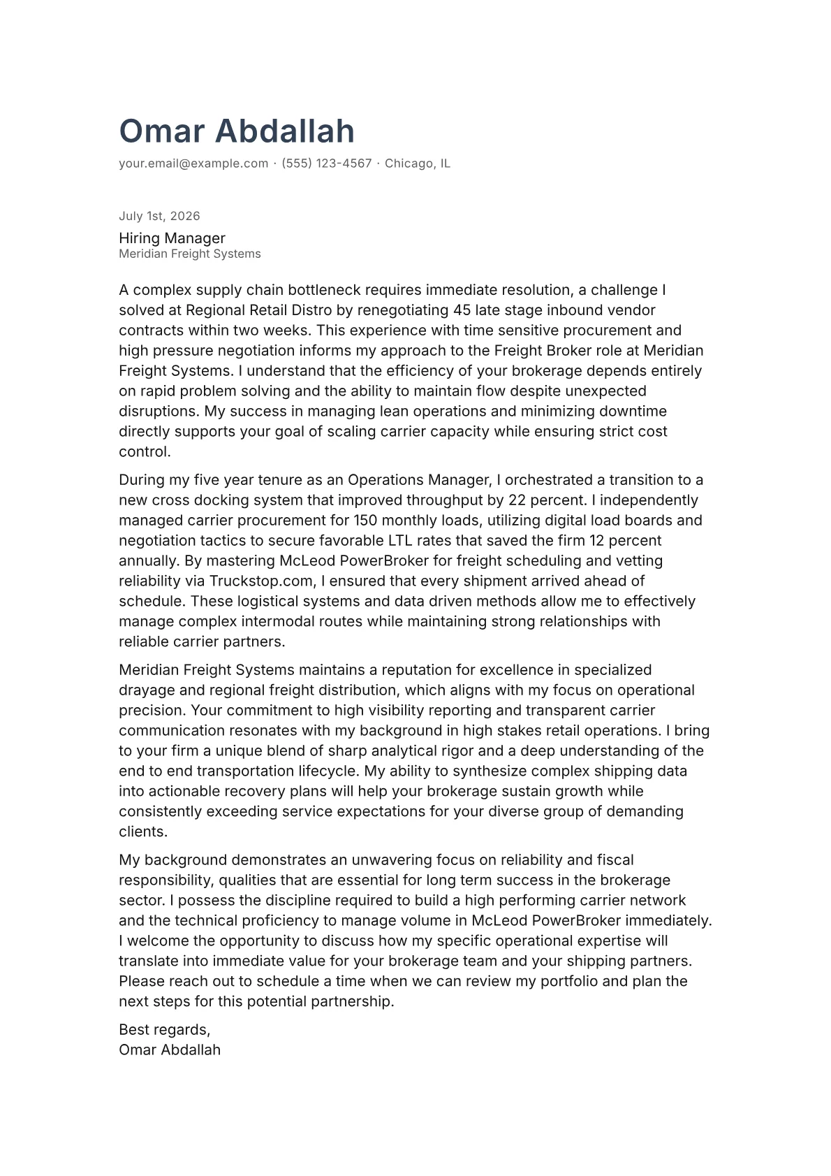 Freight Broker cover letter in the Minimal design