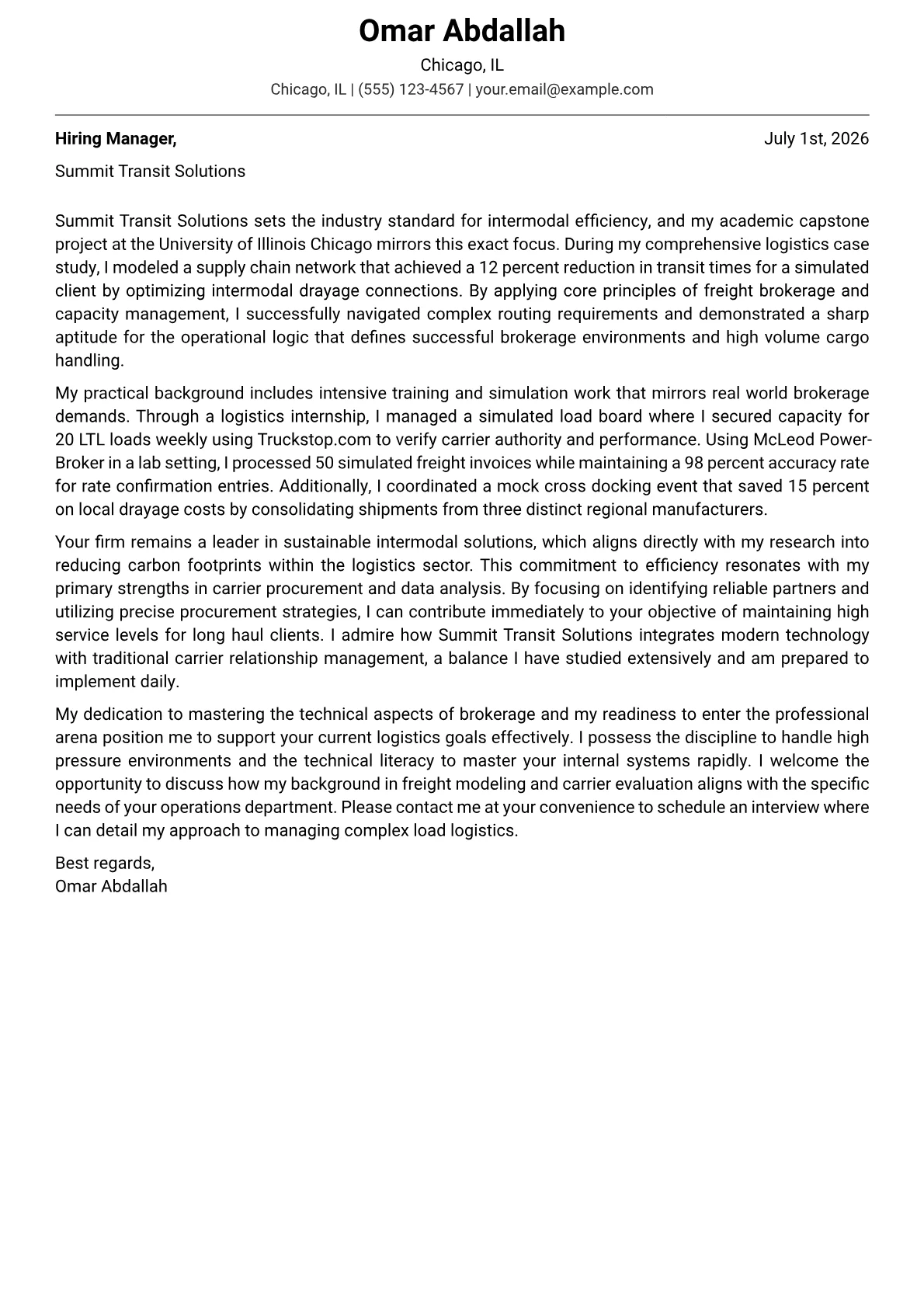 Freight Broker cover letter in the Modern design