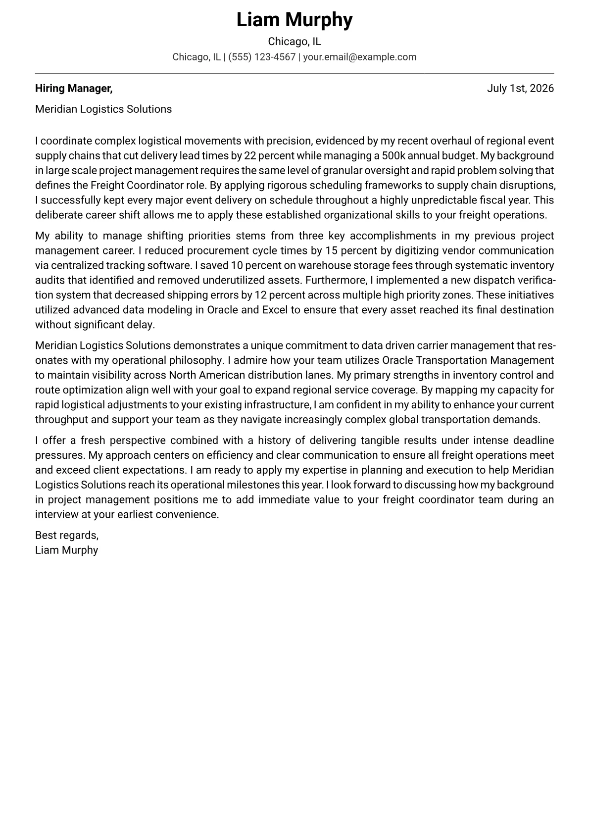 Freight Coordinator cover letter in the Modern design