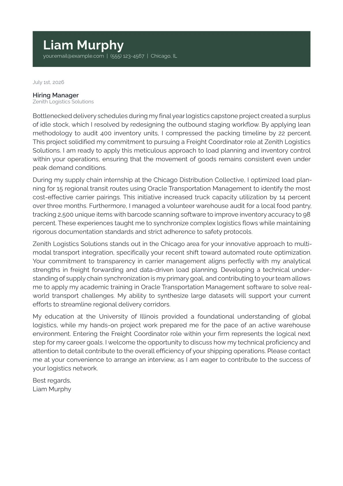 Freight Coordinator cover letter in the Banner design