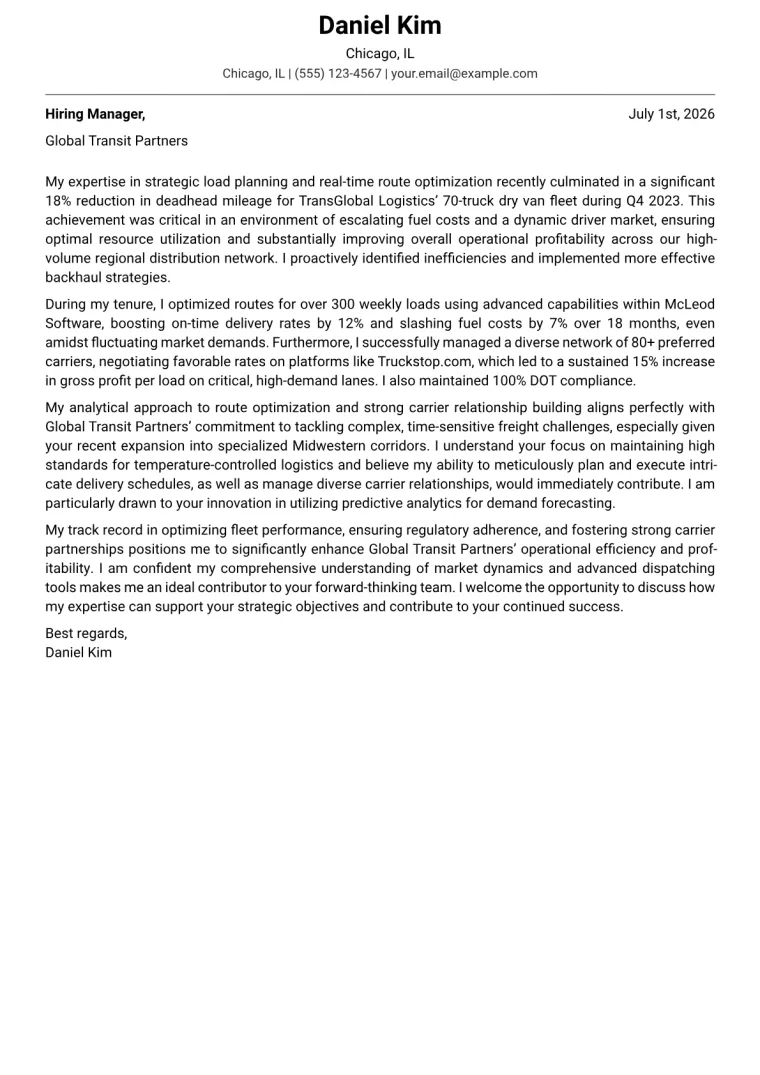 Freight Dispatcher cover letter example