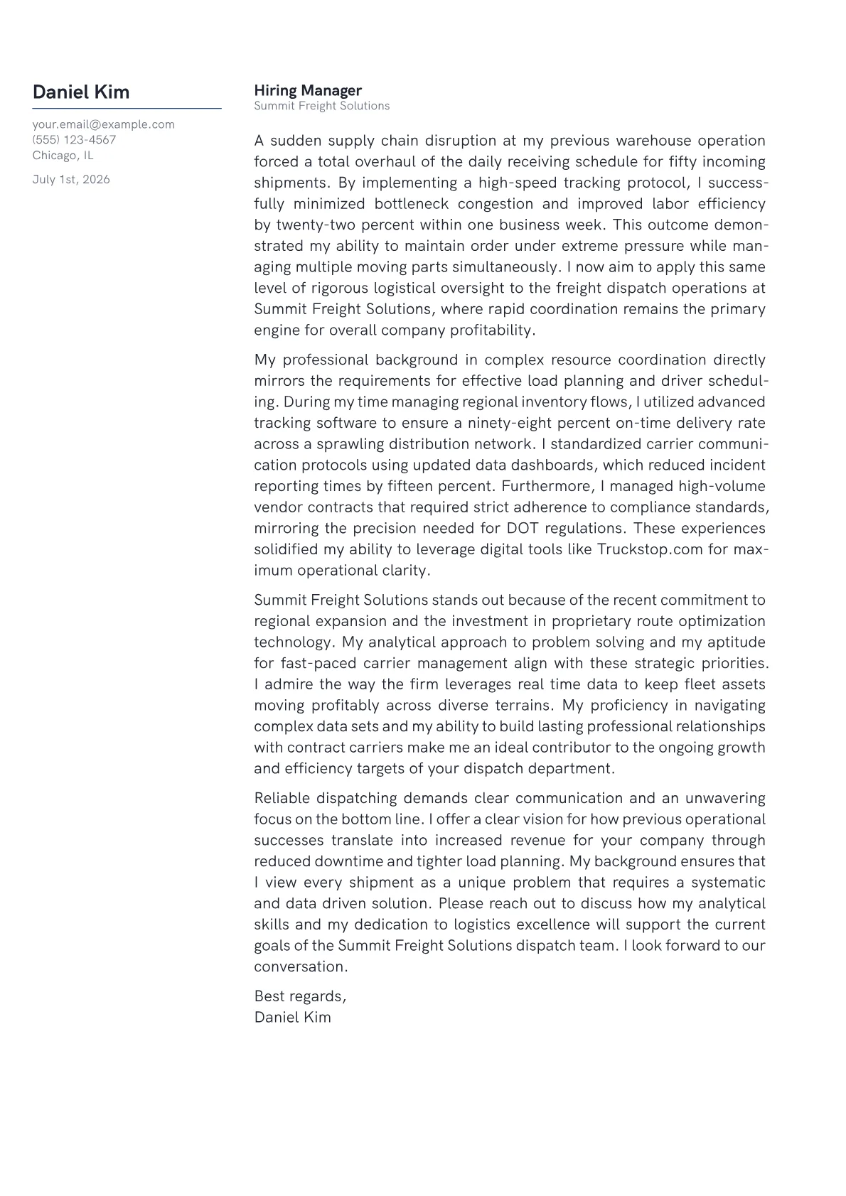 Freight Dispatcher cover letter in the Margin design