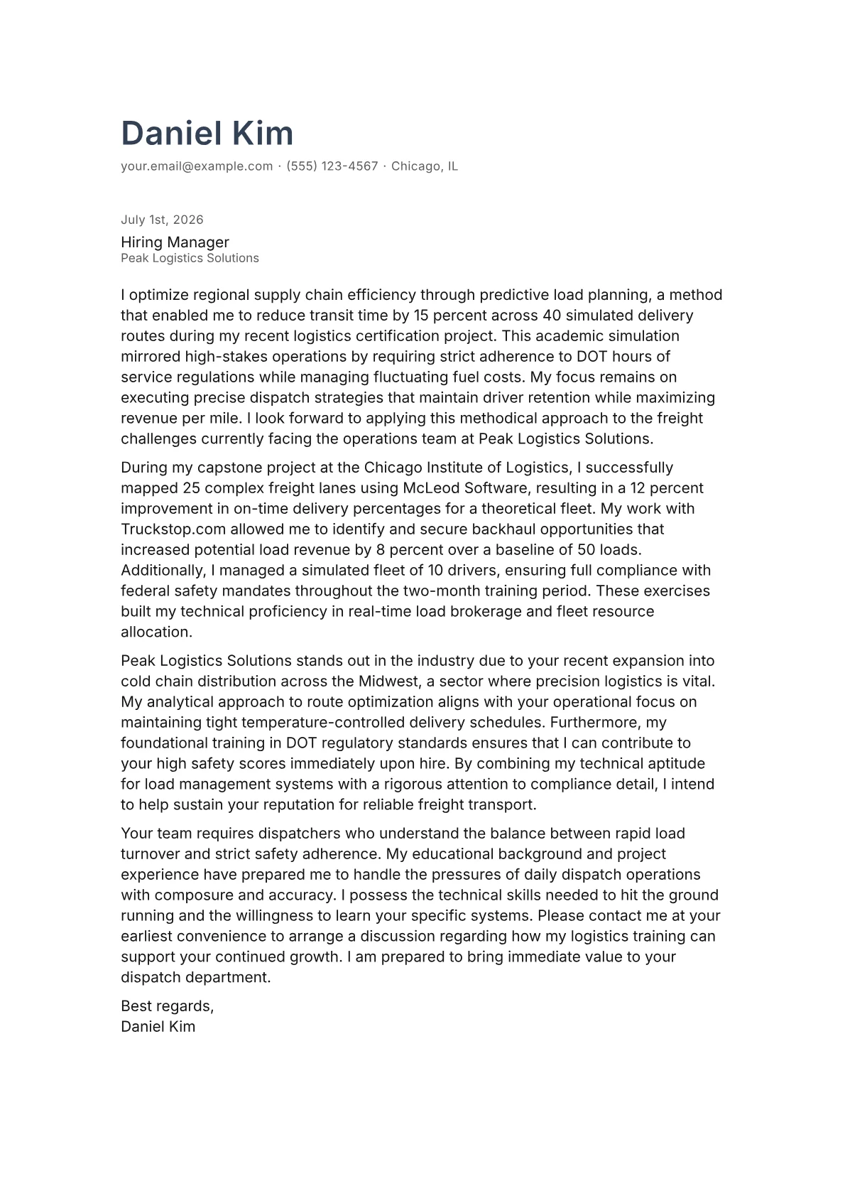 Freight Dispatcher cover letter in the Minimal design