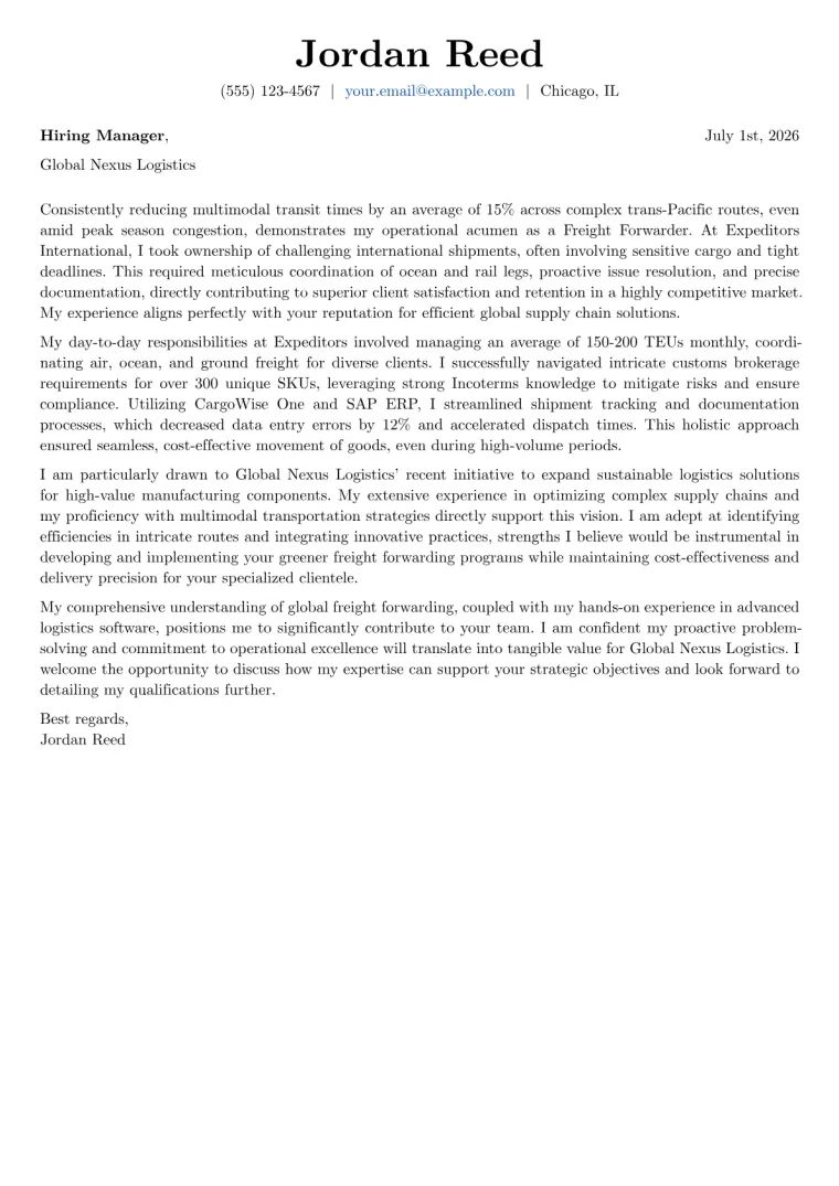 Freight Forwarder cover letter example preview