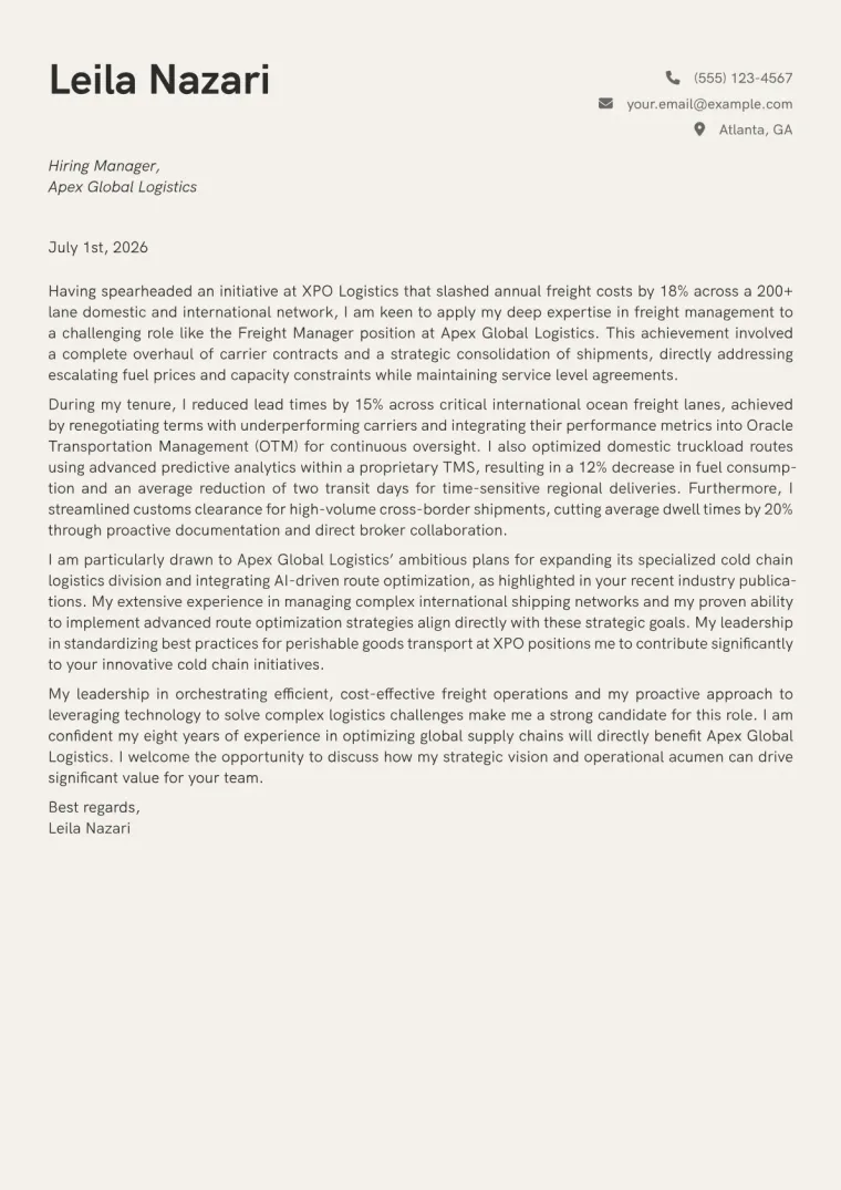 Freight Manager cover letter example preview