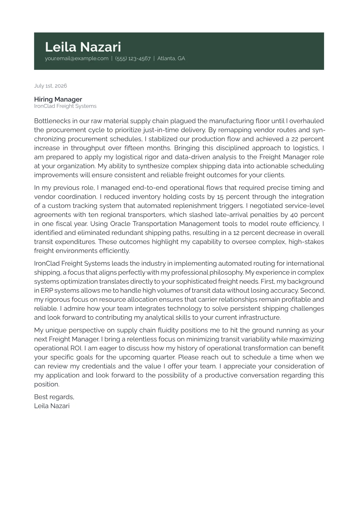 Freight Manager cover letter in the Banner design
