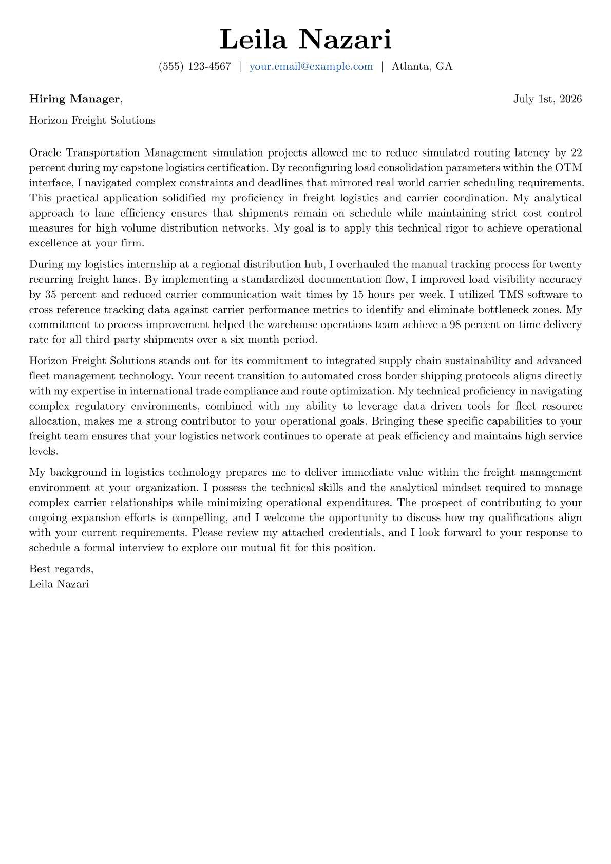 Freight Manager cover letter in the Basic design