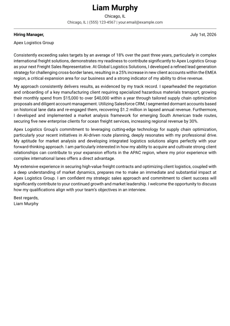 Freight Sales Representative cover letter example preview