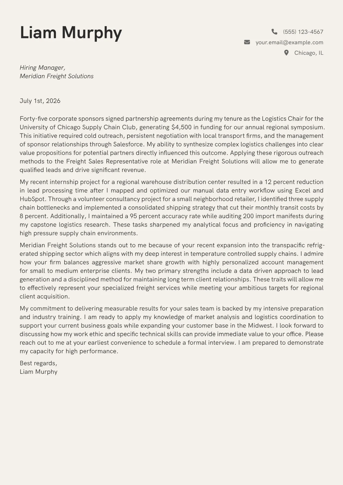 Freight Sales Representative cover letter in the Creative design