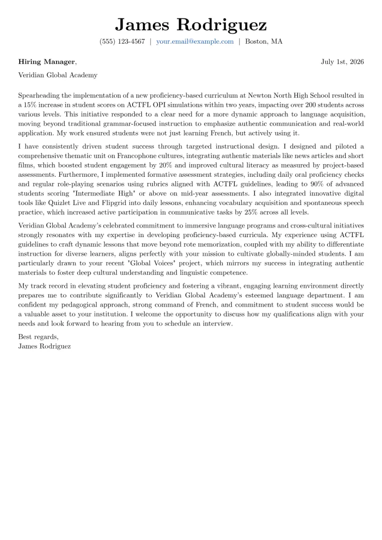 French Teacher cover letter example preview