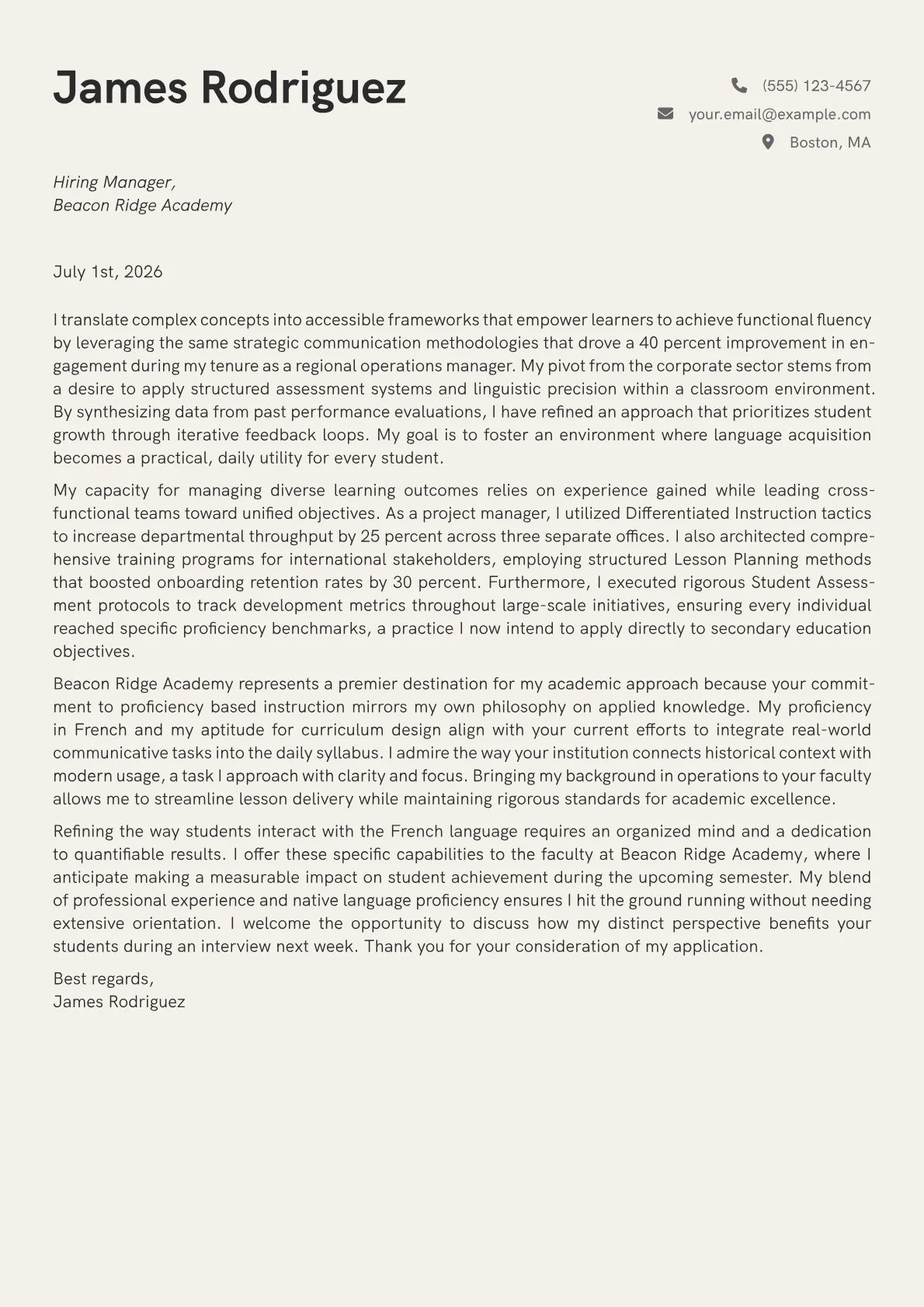 French Teacher cover letter in the Creative design