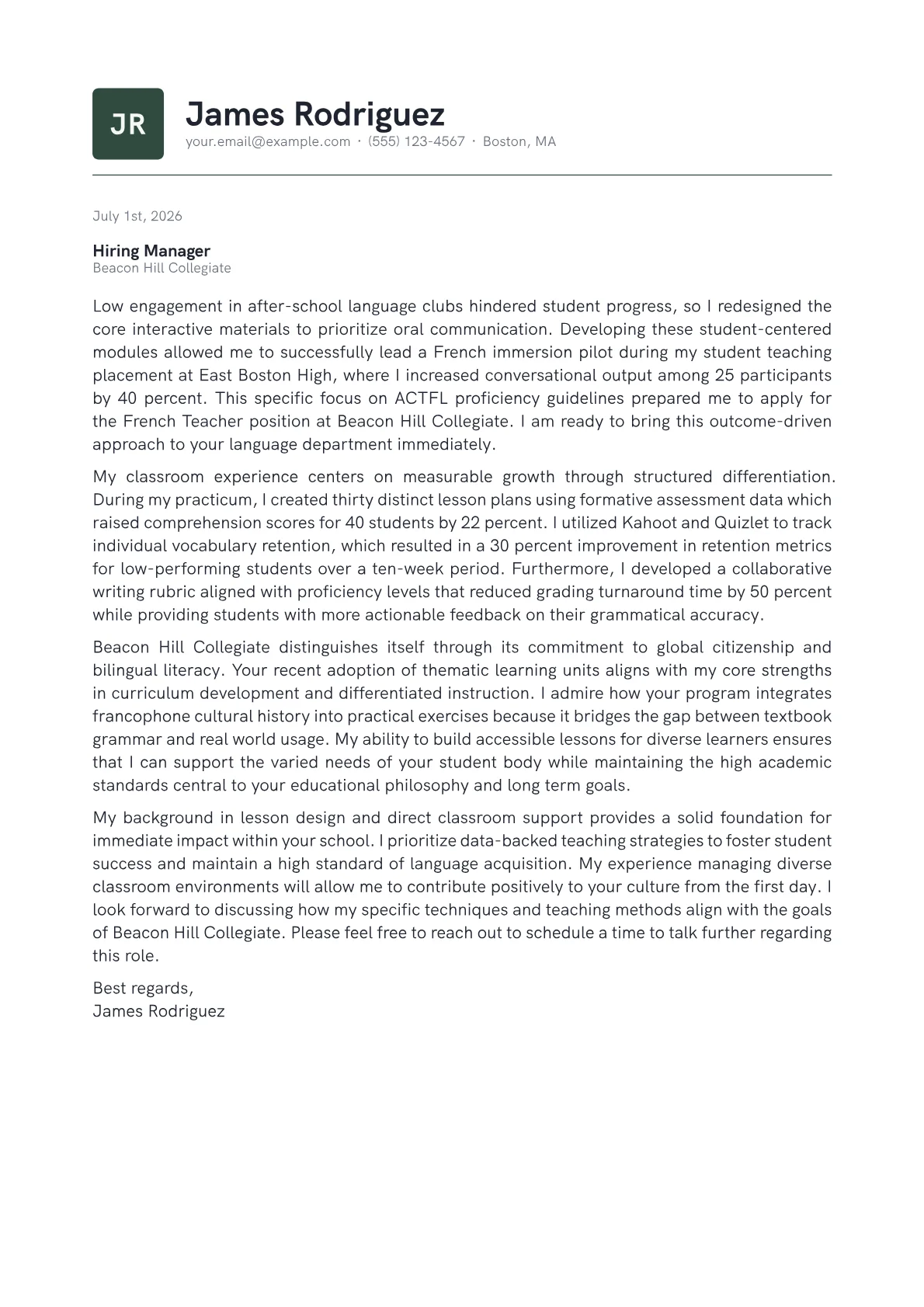 French Teacher cover letter in the Emblem design