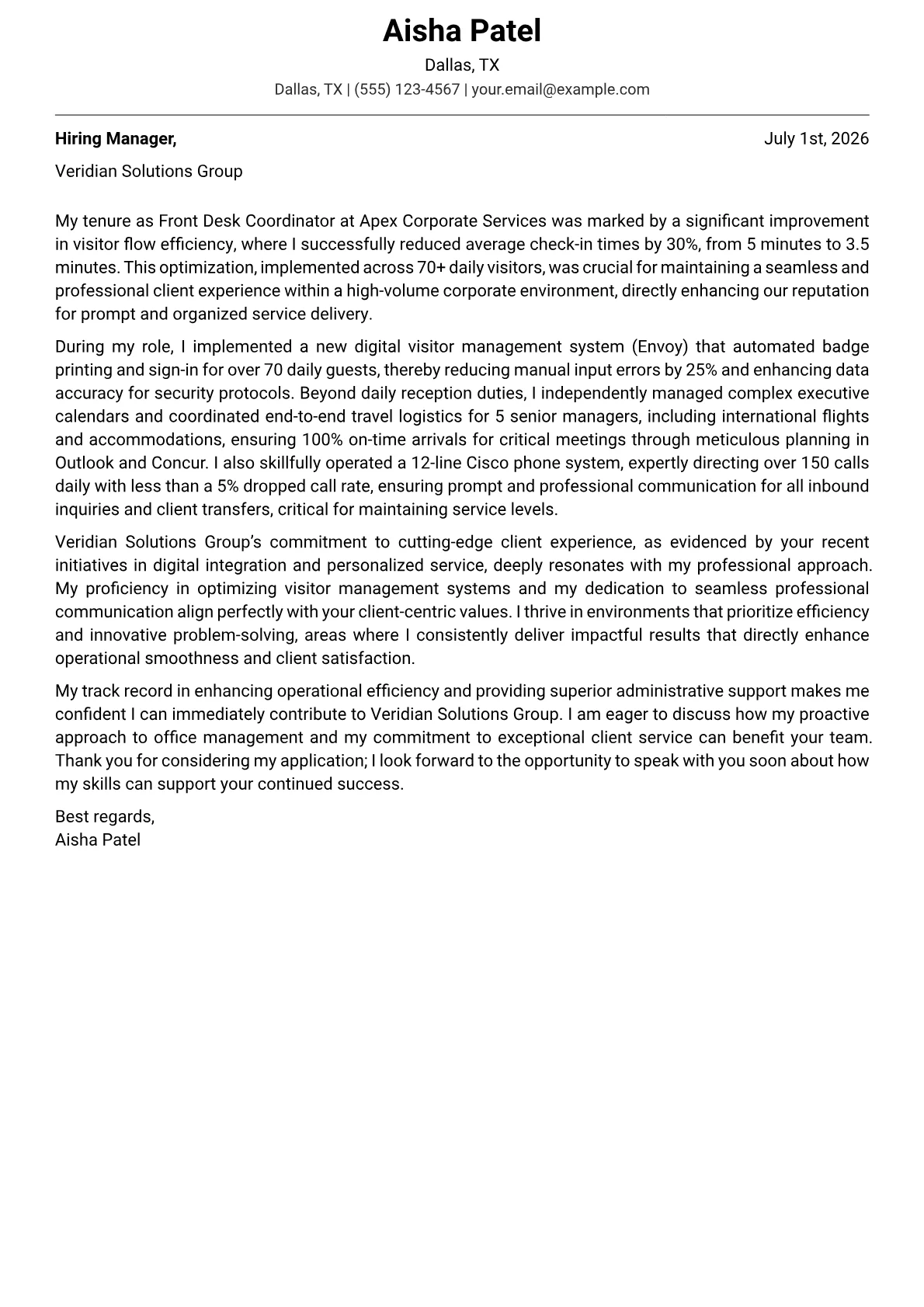 Front Desk Coordinator cover letter formatted with a JobSprout template