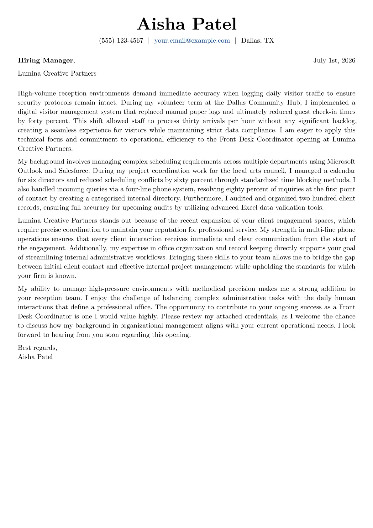 Front Desk Coordinator cover letter in the Basic design