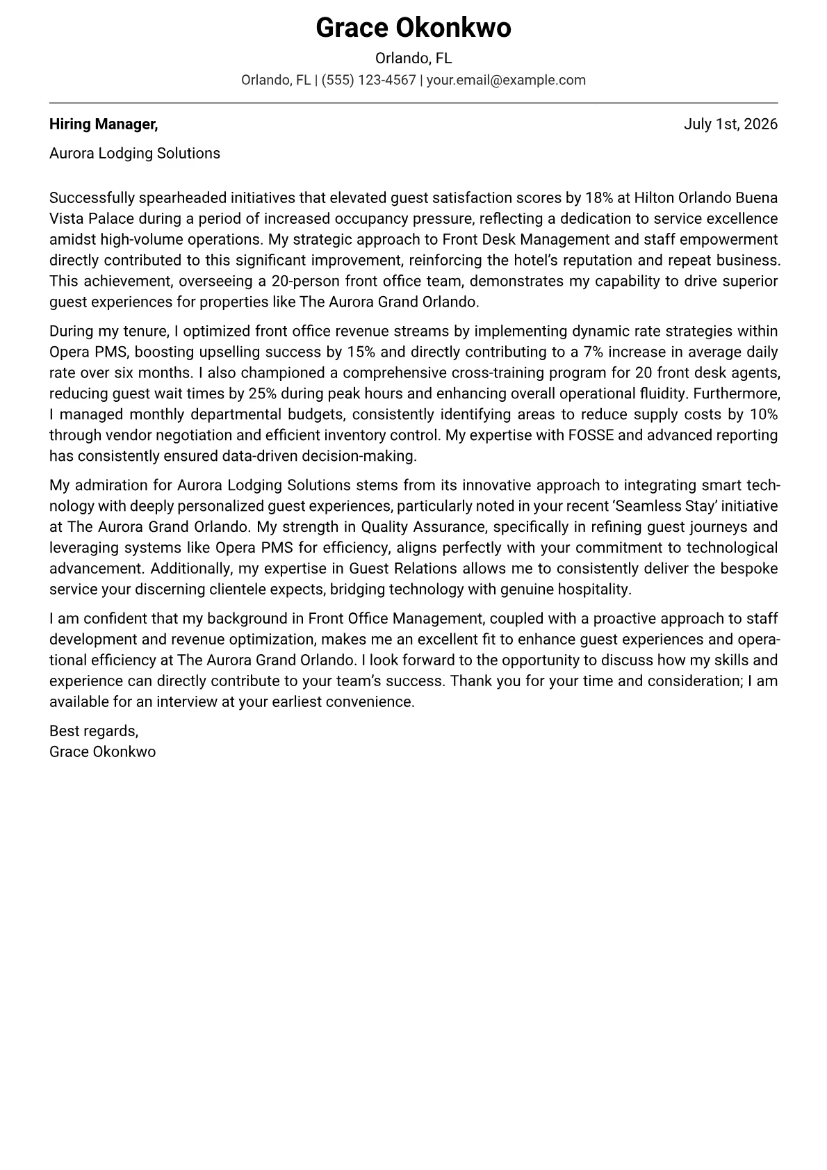 Front Desk Manager cover letter formatted with a JobSprout template