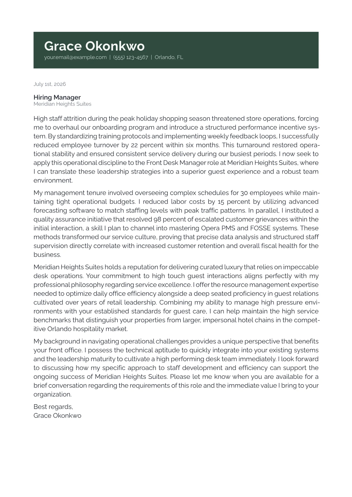 Front Desk Manager cover letter in the Banner design