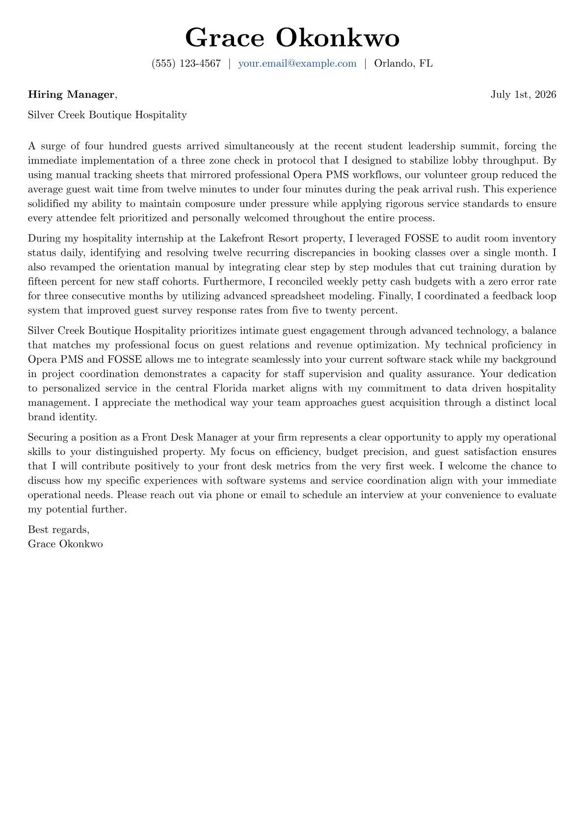 Front Desk Manager cover letter in the Basic design