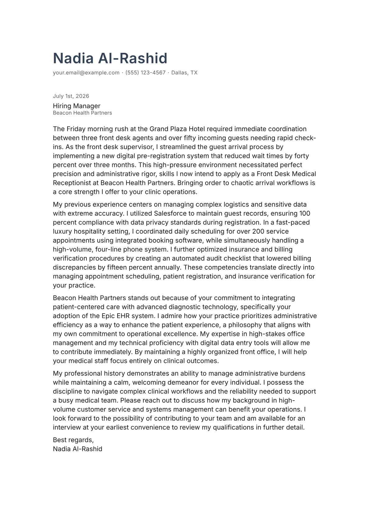Front Desk Medical Receptionist cover letter in the Minimal design