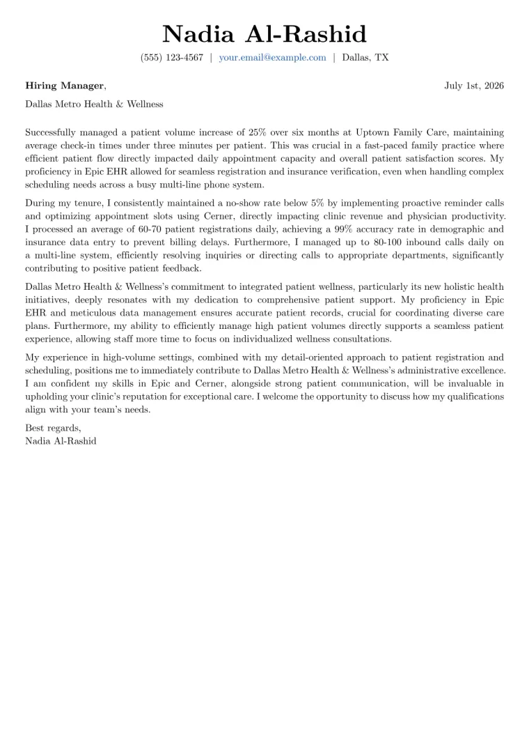 Front Desk Medical Receptionist cover letter example preview
