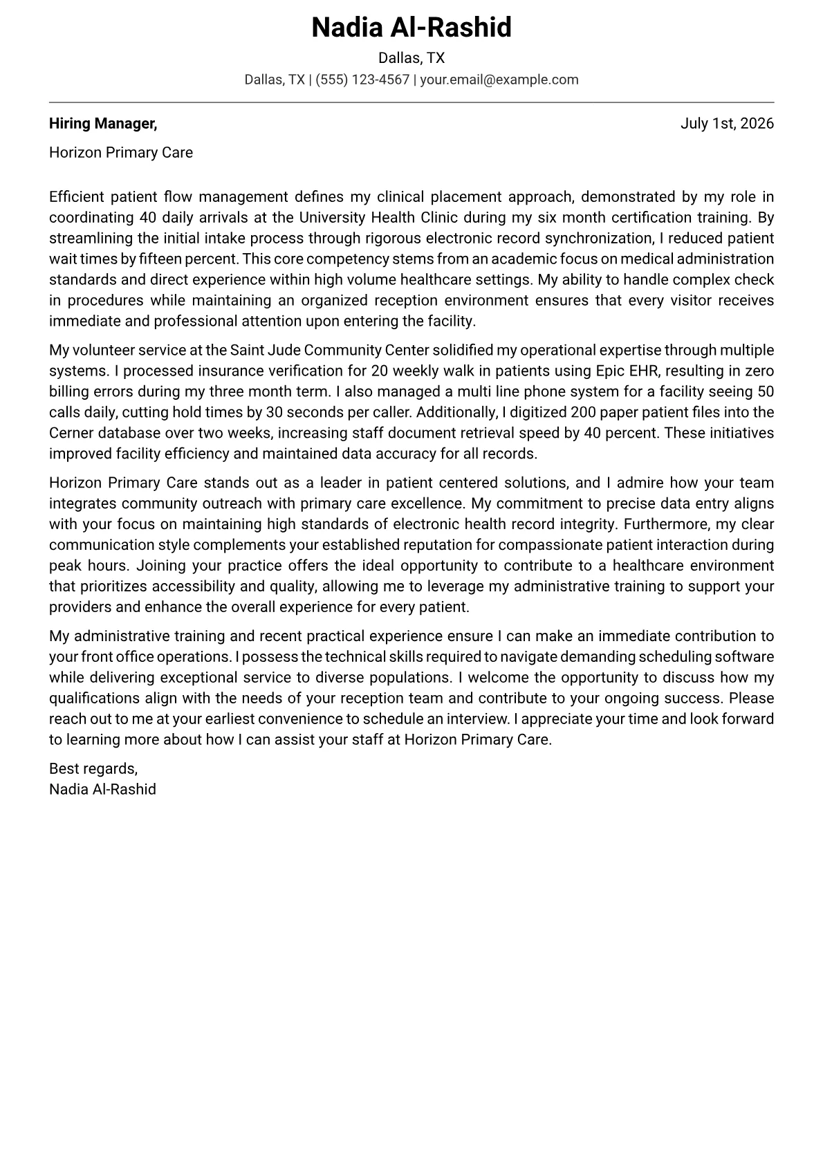 Front Desk Medical Receptionist cover letter in the Modern design
