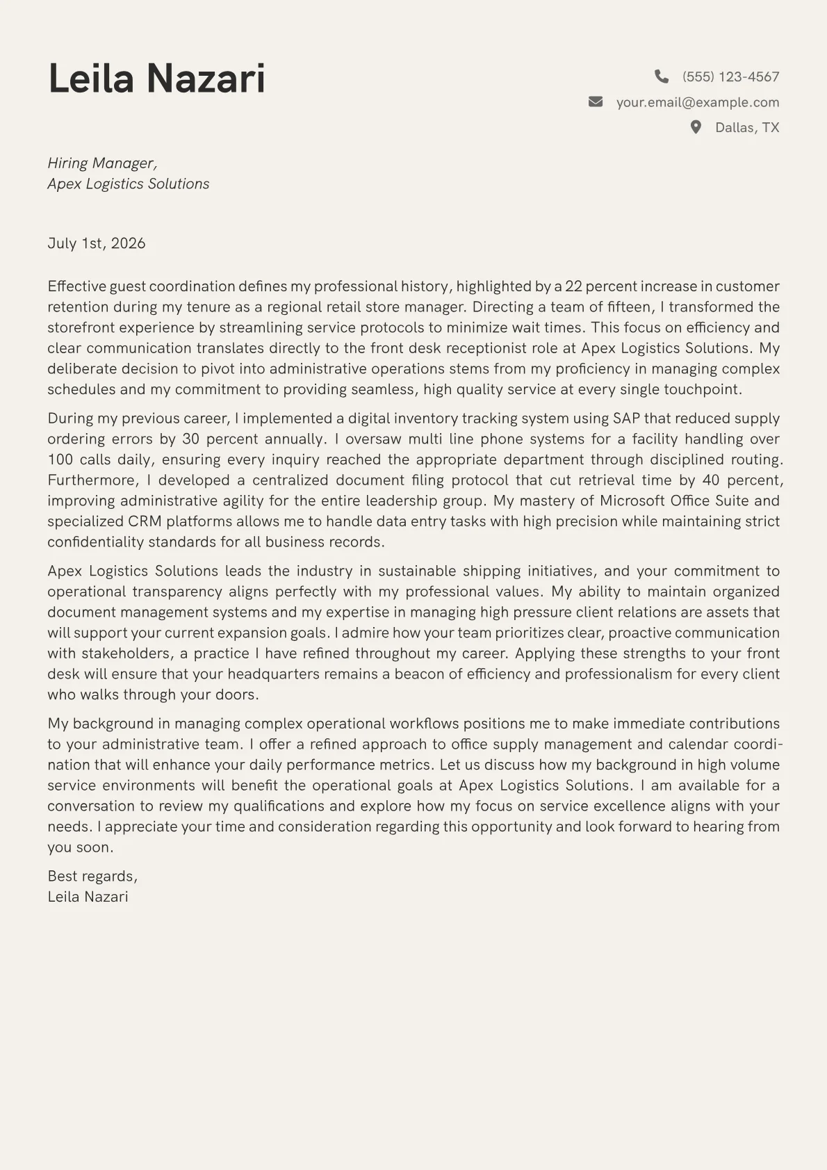 Front Desk Receptionist cover letter in the Creative design