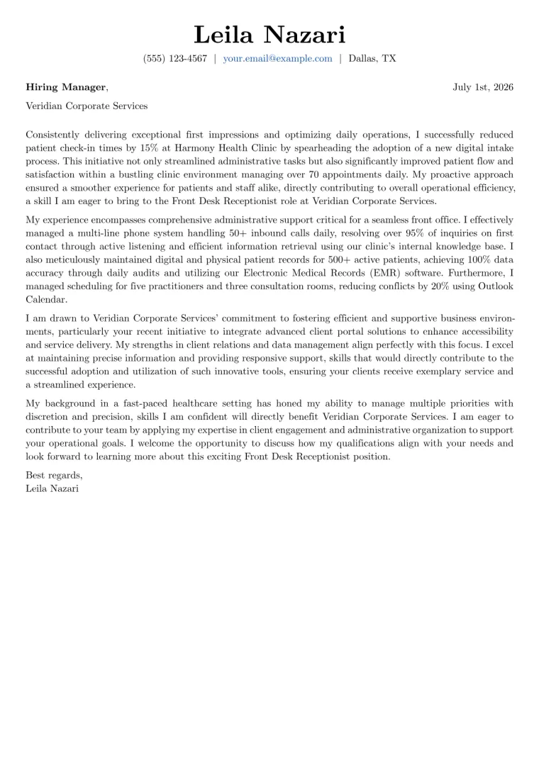 Front Desk Receptionist Cover Letter Example