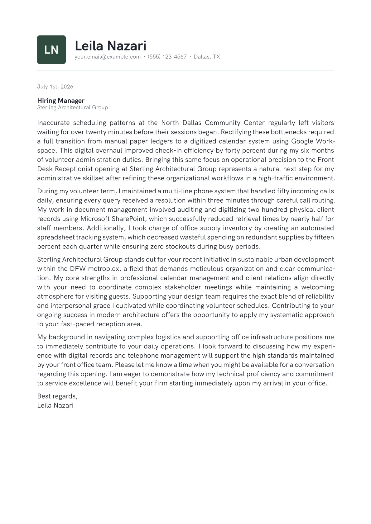 Front Desk Receptionist cover letter in the Emblem design